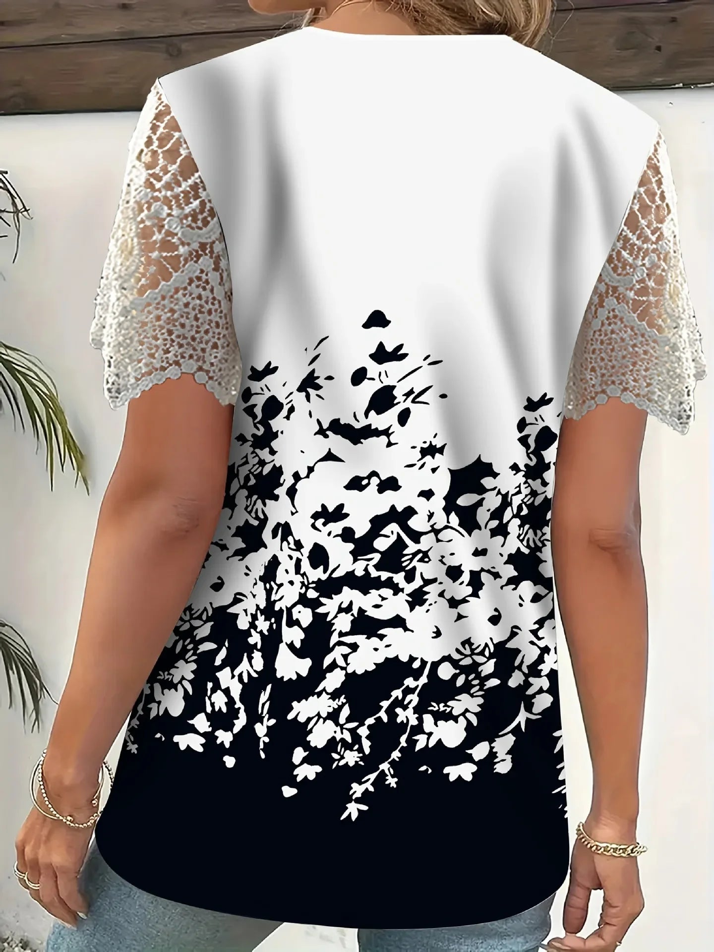 Full Size Printed Lace Sleeve V-Neck T-Shirt Plus Size - Southern Shores Clothing
