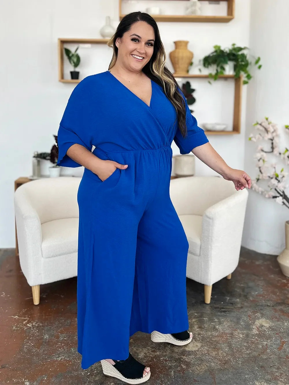 Surplice Wide-Leg Jumpsuit With Hidden Pockets - Southern Shores Clothing