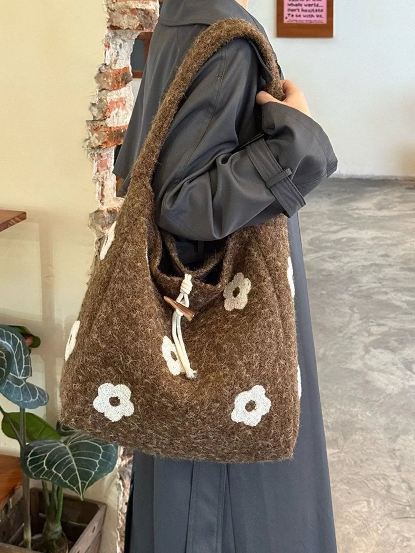 Floral Fuzzy Knit Tote Bag With Plush Finish - Southern Shores Clothing