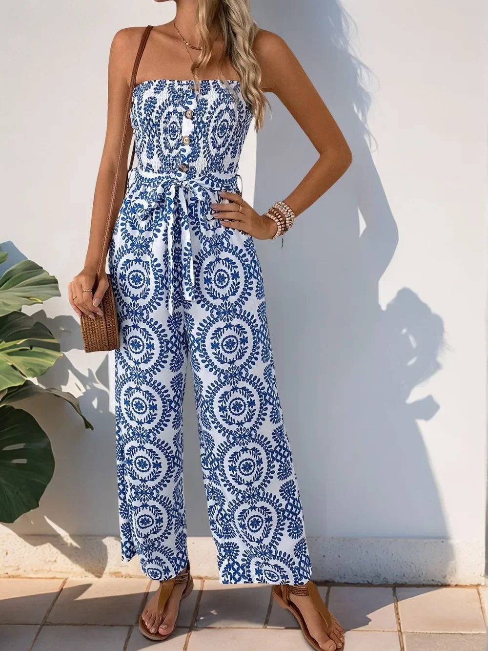 Smocked Tube Jumpsuit With Pockets Wide Leg - Southern Shores Clothing