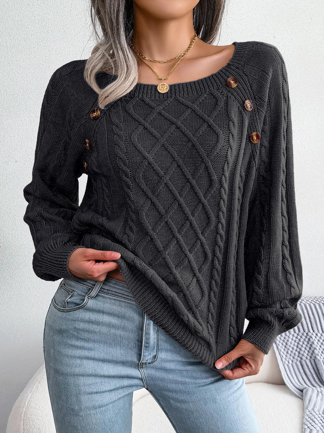 Cozy Decorative Button Cable-Knit Sweater - Southern Shores Clothing