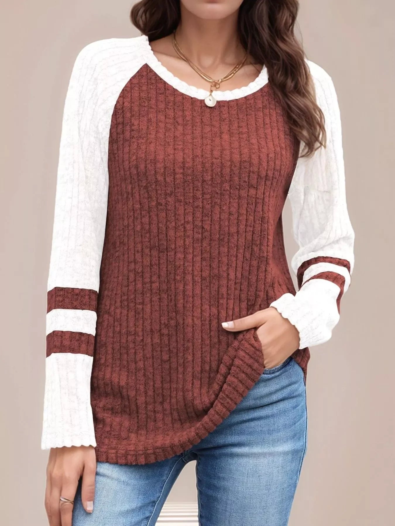 Ribbed Round Neck Raglan Sleeve Top - Southern Shores Clothing