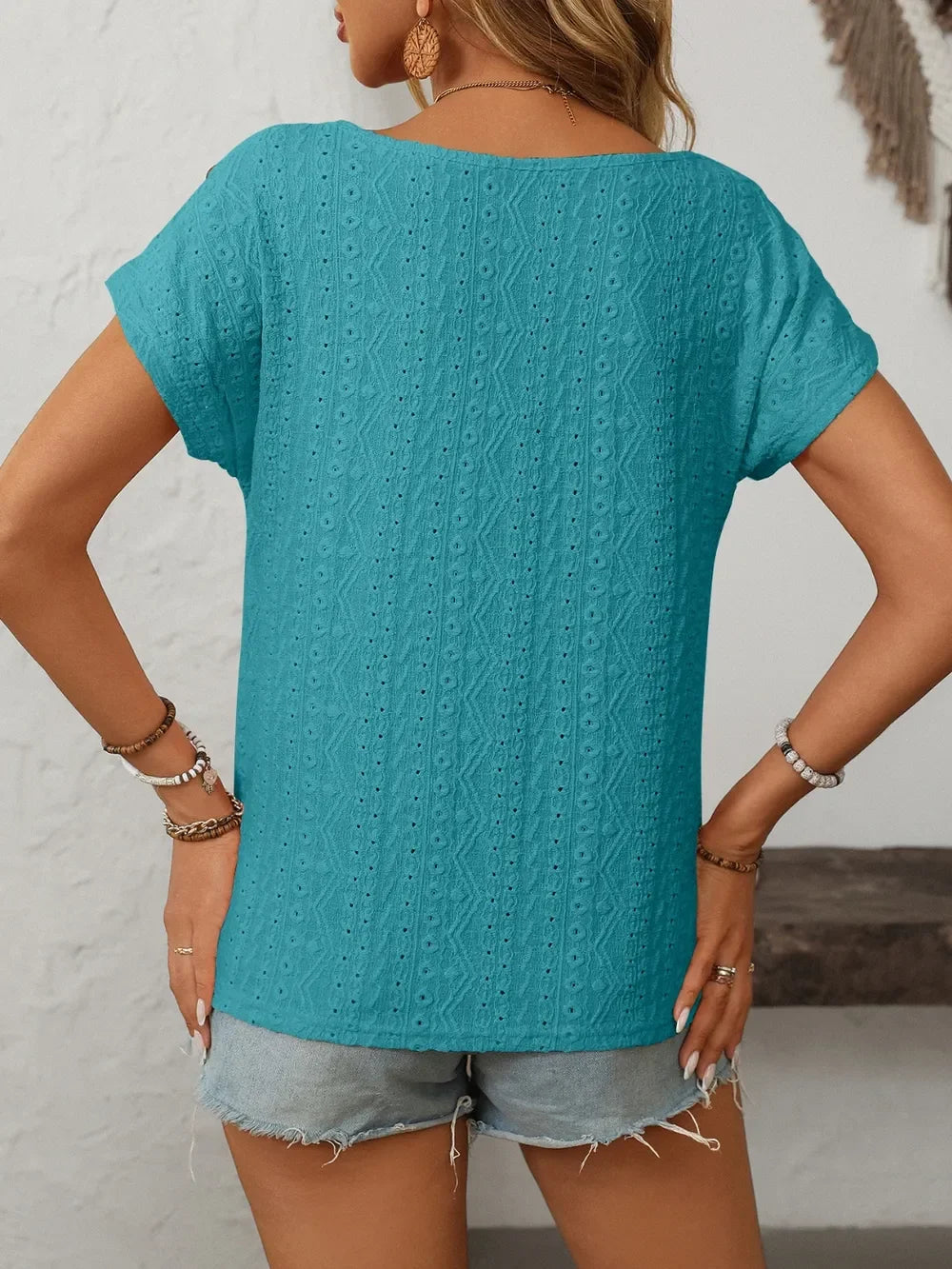 Eyelet Round Neck Short Sleeve Top With Decorative Button - Southern Shores Clothing