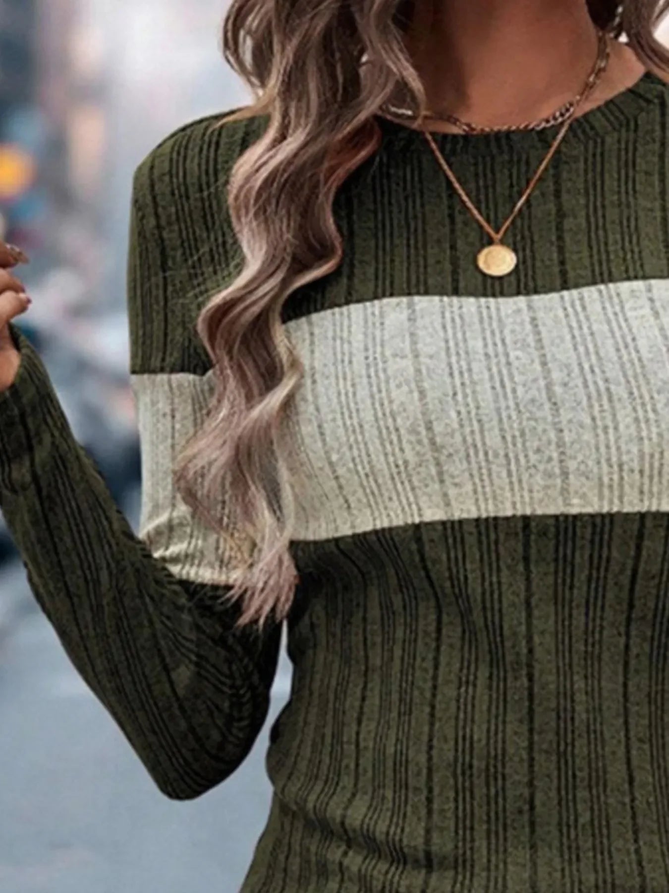Block Pattern Round Neck Long Sleeve Sweater - Southern Shores Clothing
