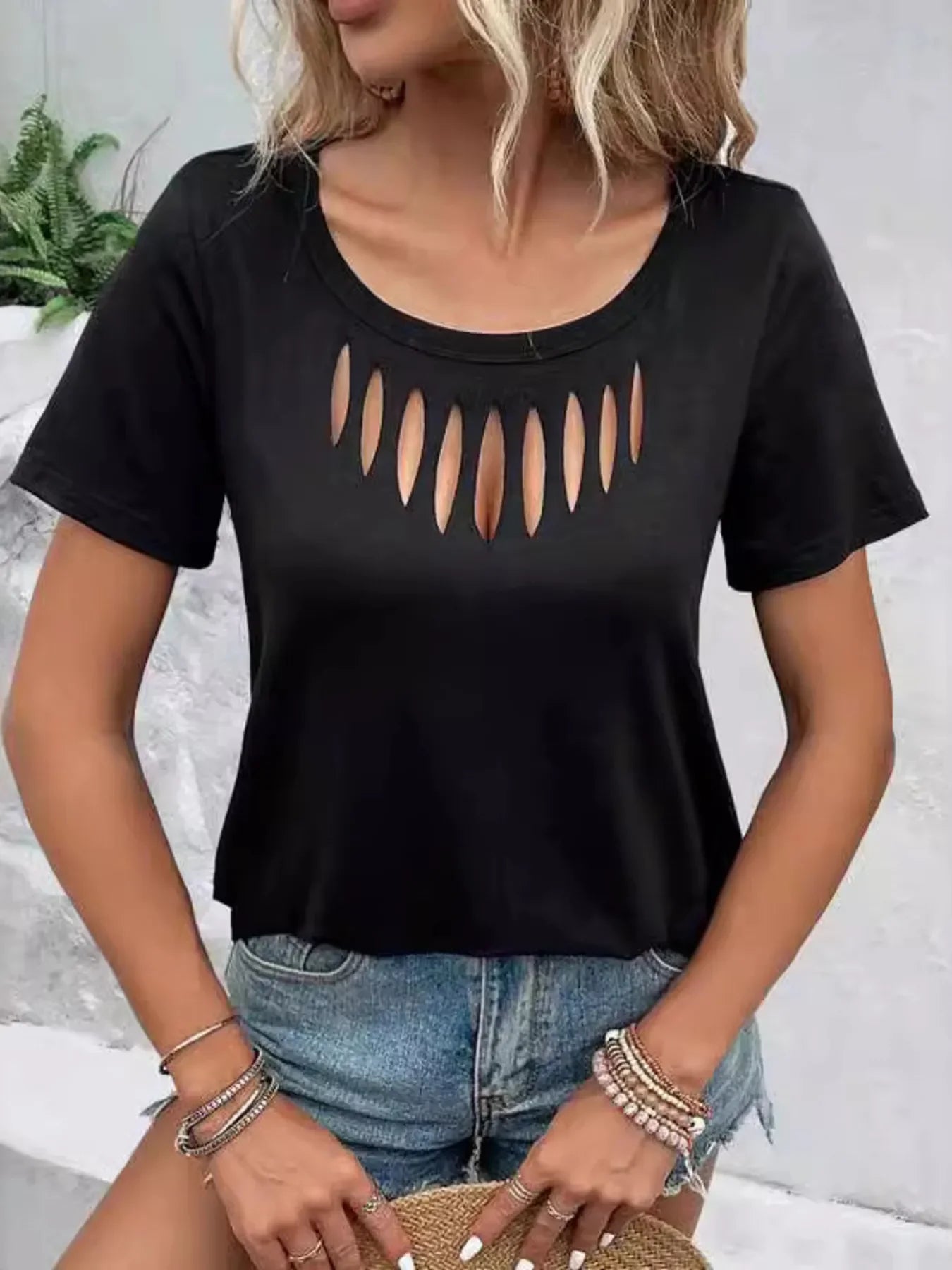 Hollow Out Neckline Short Sleeve T Shirt - Southern Shores Clothing