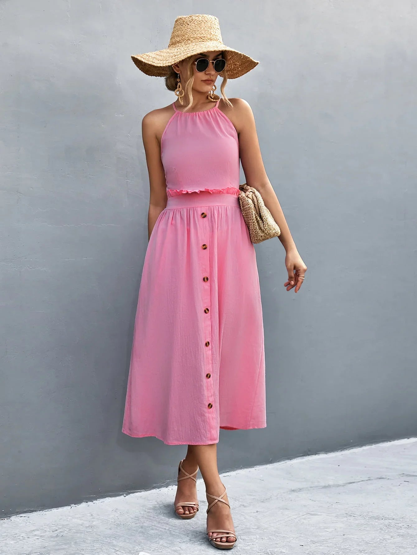 Buttoned Halter Neck Frill Trim Midi Dress - Southern Shores Clothing