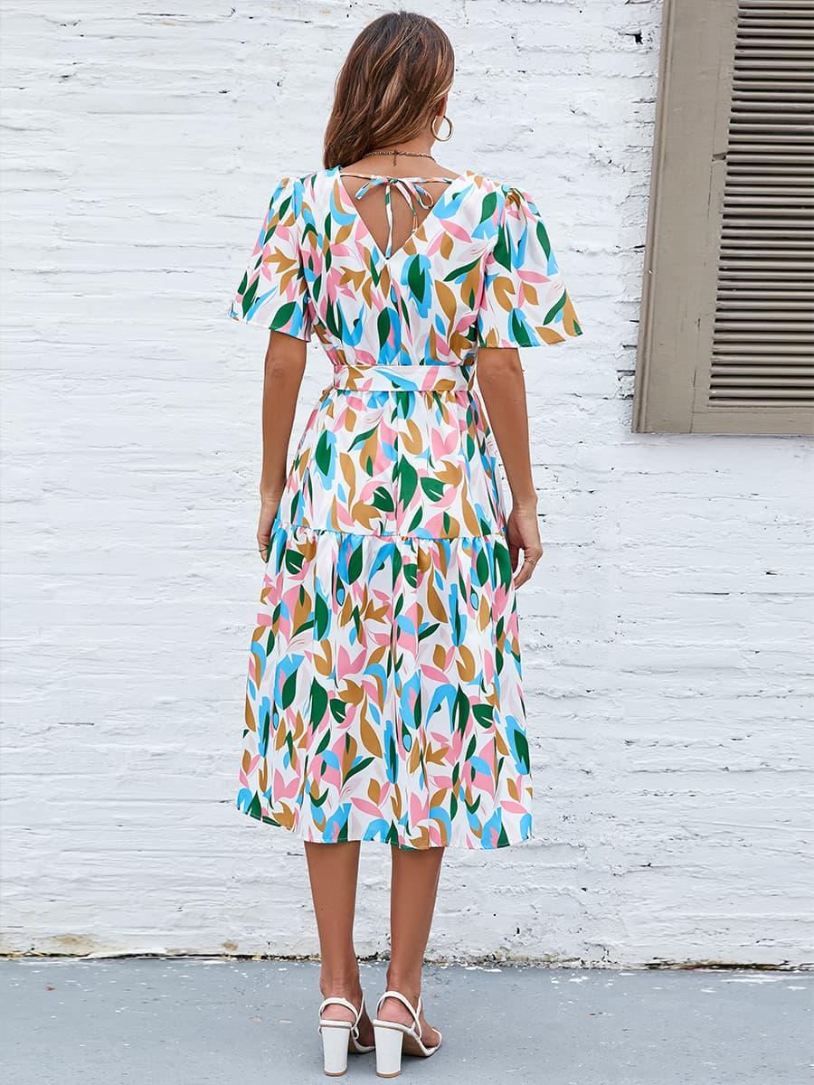 Printed Tie-Waist V-Neck Flutter Sleeve Dress - Southern Shores Clothing