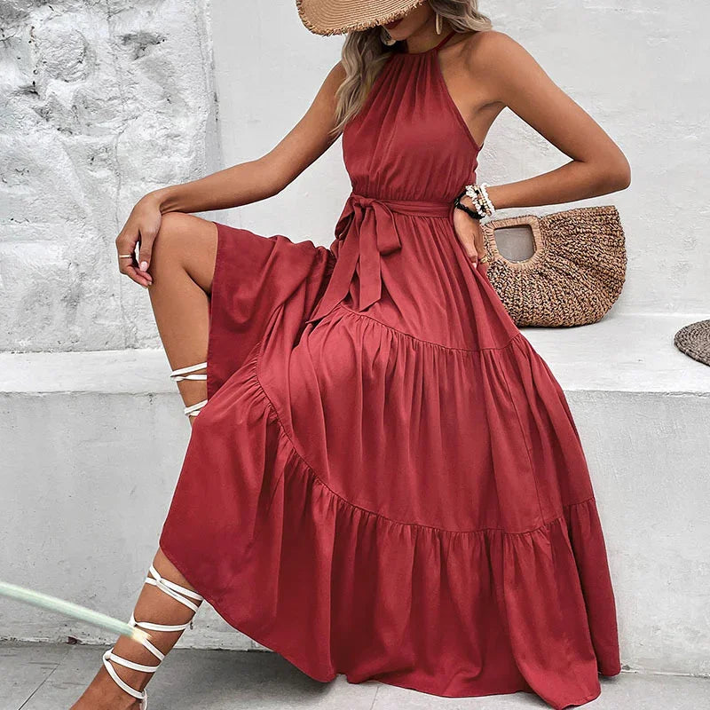 Perfee Tie Belt Tiered Midi Dress - Southern Shores Clothing