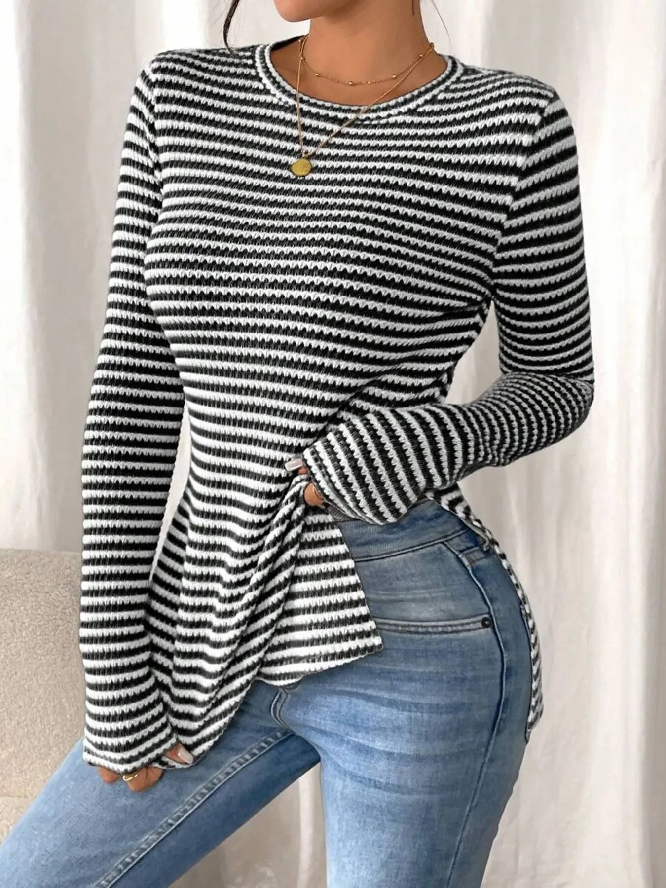 Side Slit Striped Long Sleeve T-Shirt - Southern Shores Clothing