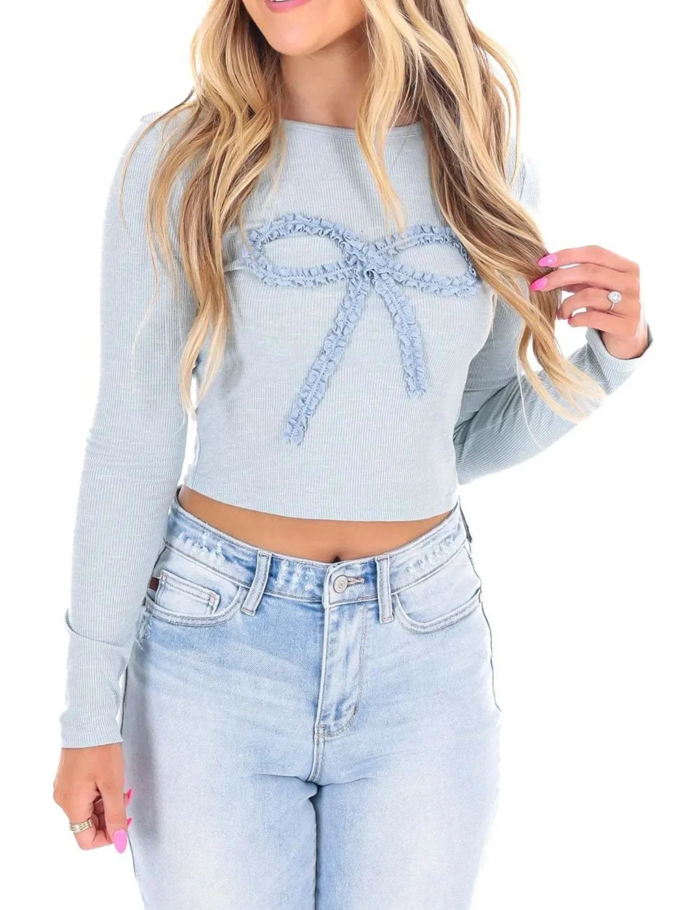 Fitted Long Sleeve Bow Design Stretch T Shirt - Southern Shores Clothing