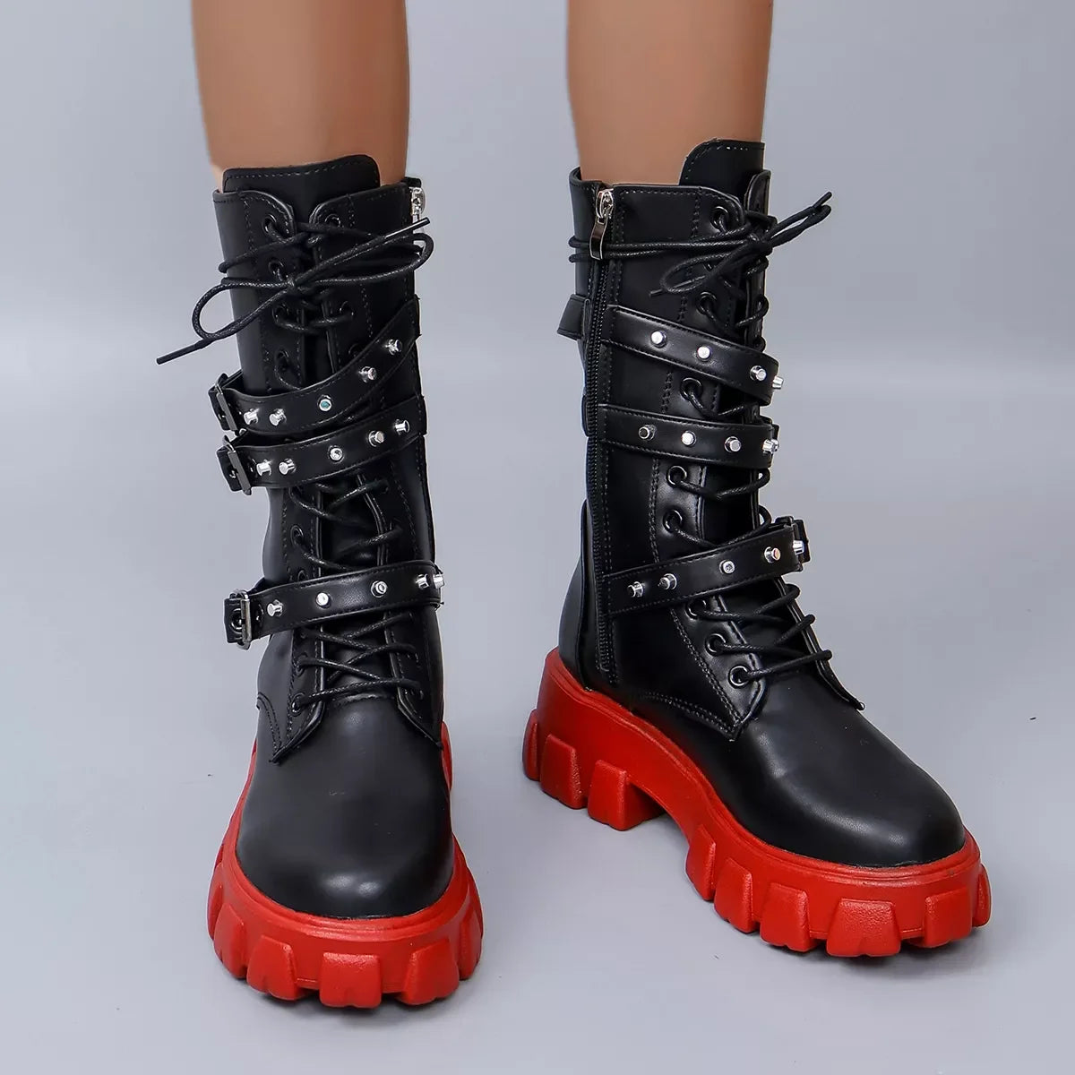 Buckled Lace-Up Mid Heel Combat Boots Ankle-Height - Southern Shores Clothing