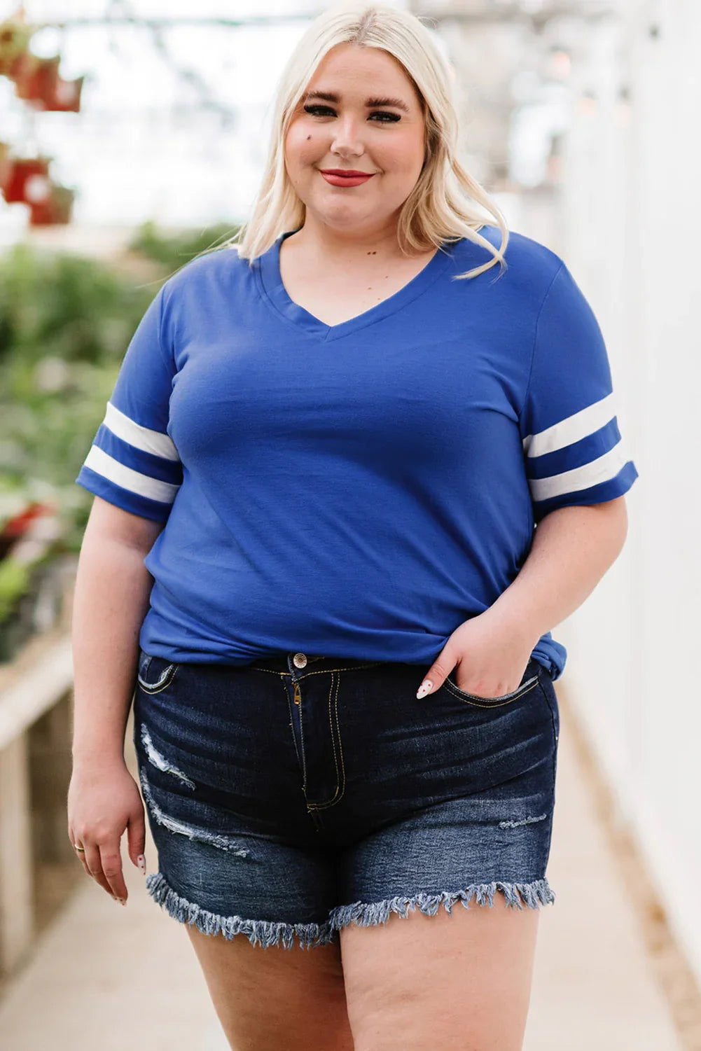 Plus Size Striped V-Neck Short Sleeve T-Shirt - Southern Shores Clothing