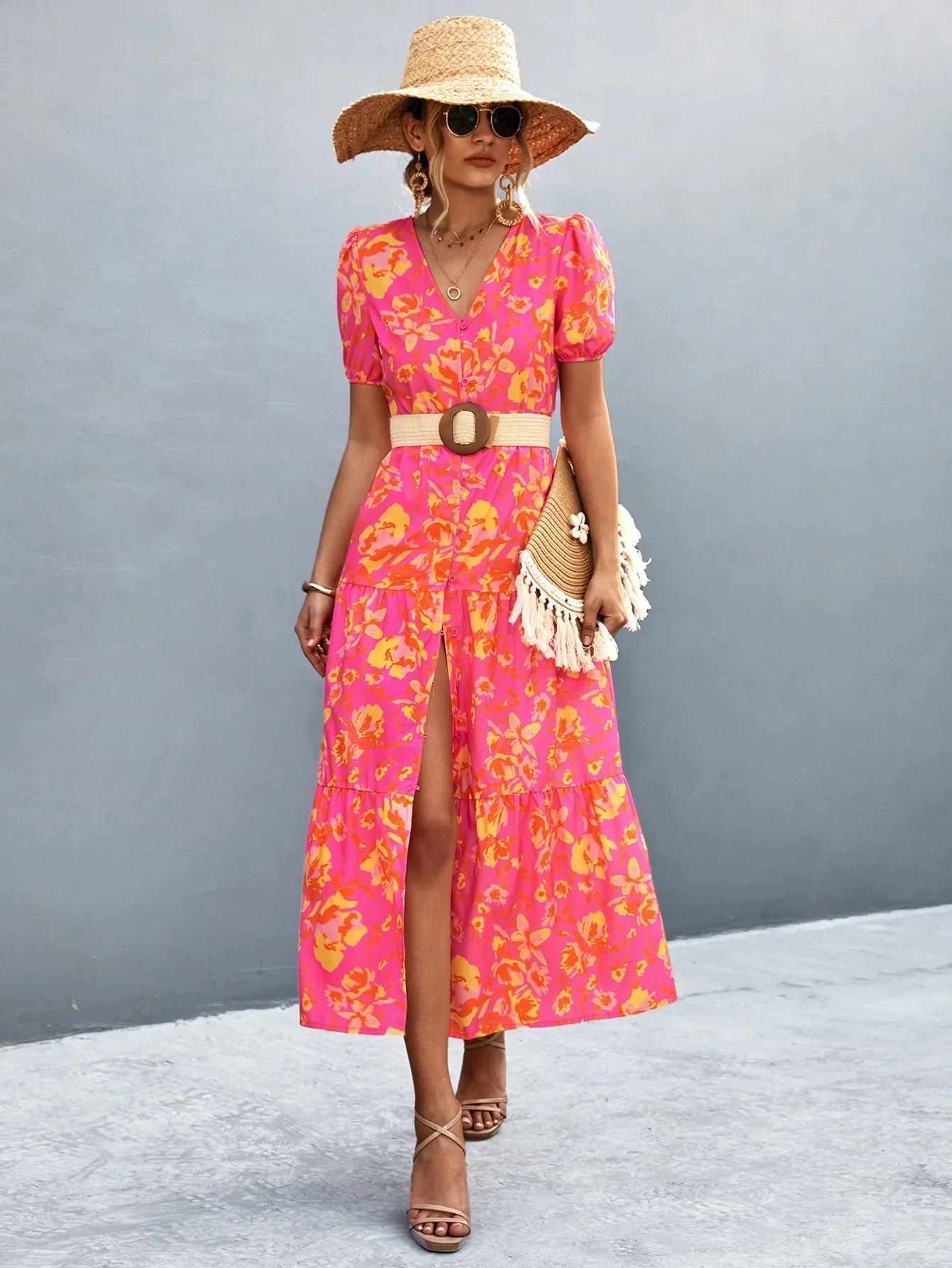 V-Neck Short Sleeve High Slit Midi Dress - Southern Shores Clothing