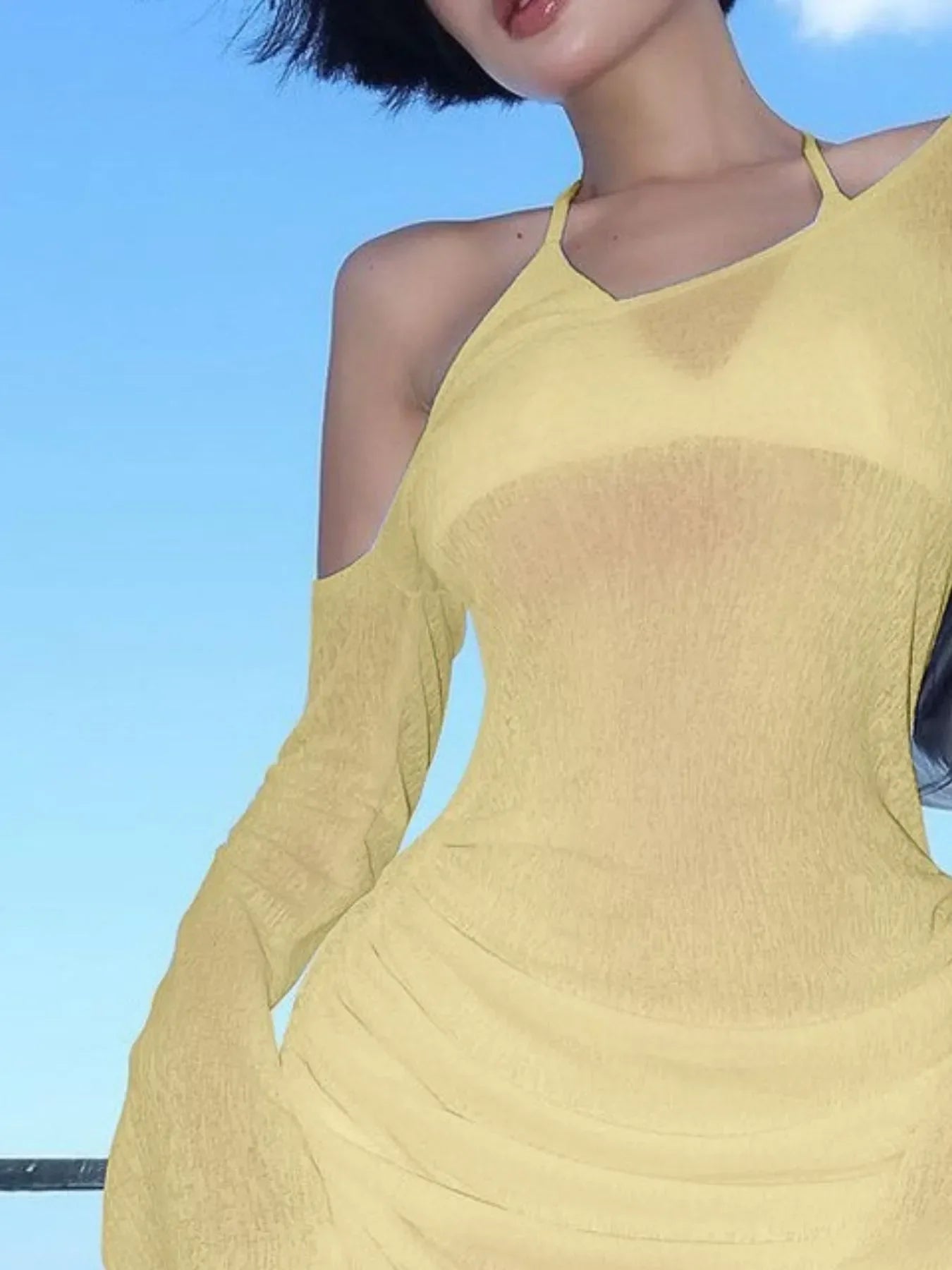 One-Shoulder Bell Sleeve Ruched Mini Cover-Up - Southern Shores Clothing