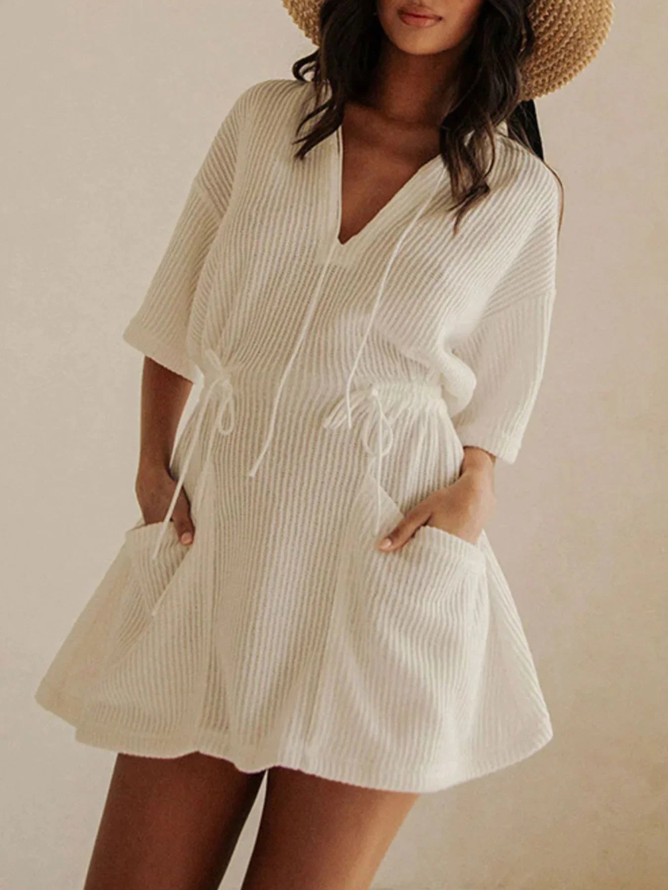 Relaxed Fit Half Sleeve Cover-Up Dress With Drawstring Waist - Southern Shores Clothing