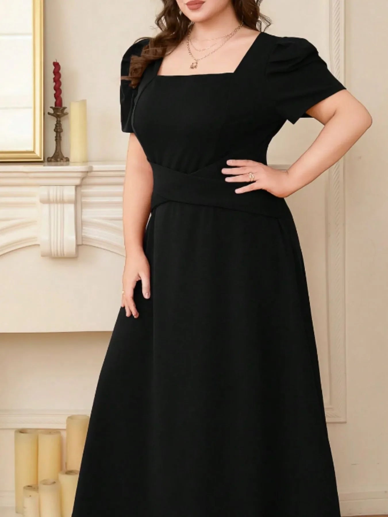 Plus Size Square-Neck Puff-Sleeve Mariner Midi Dress - Southern Shores Clothing