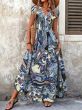 Printed V-Neck Cap Sleeve Maxi Dress Casual - Southern Shores Clothing