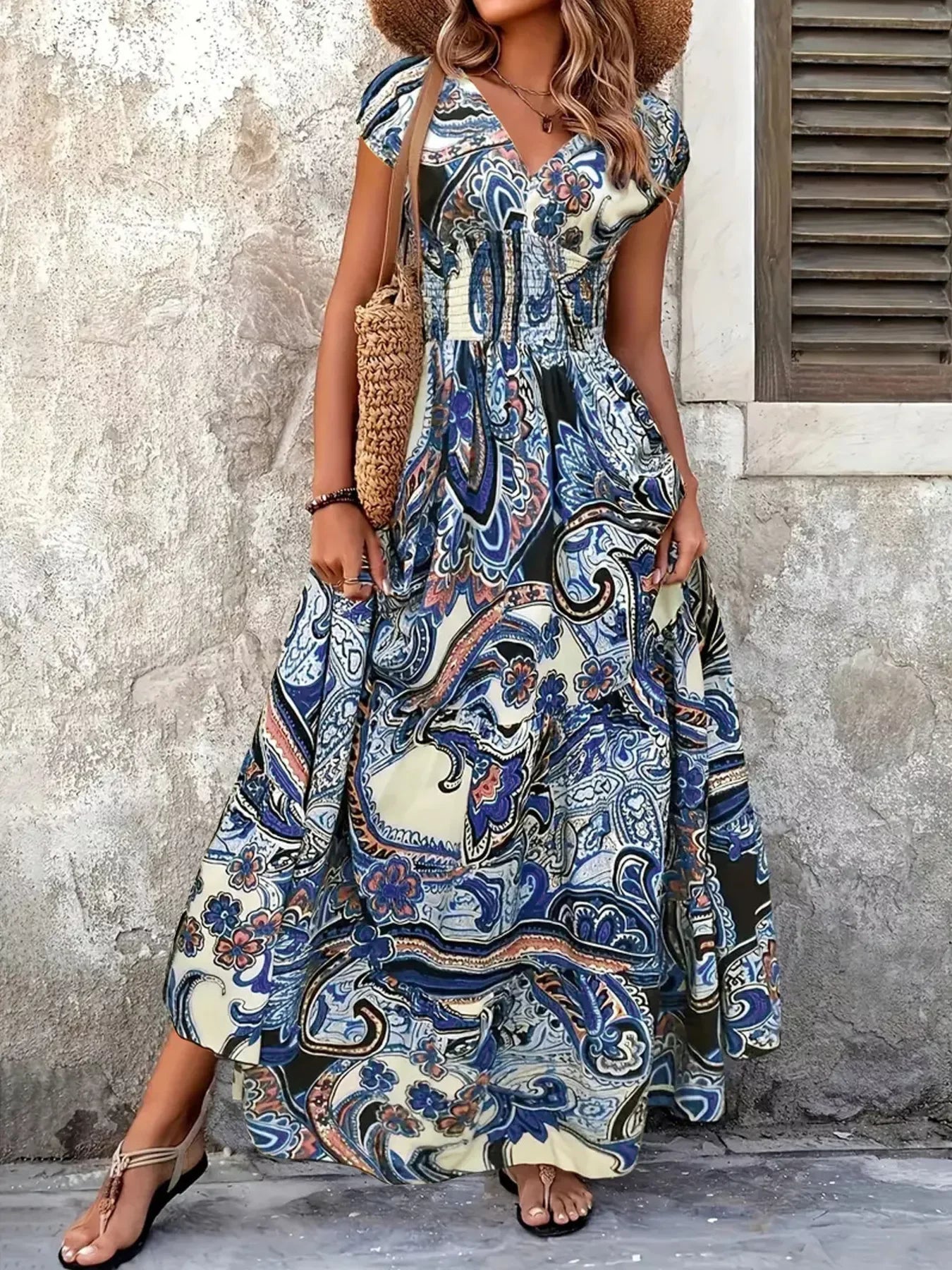 Printed V-Neck Cap Sleeve Maxi Dress Casual - Southern Shores Clothing
