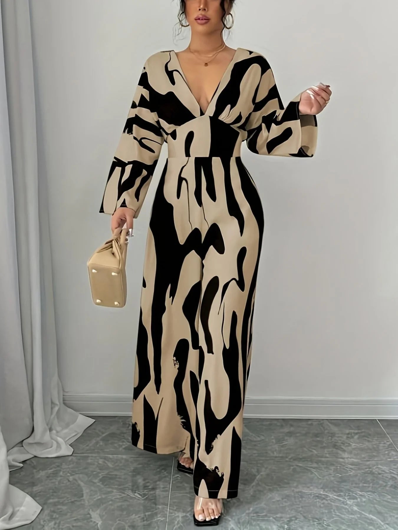 Abstract Print V-Neck Wide Leg Jumpsuit Silhouette - Southern Shores Clothing