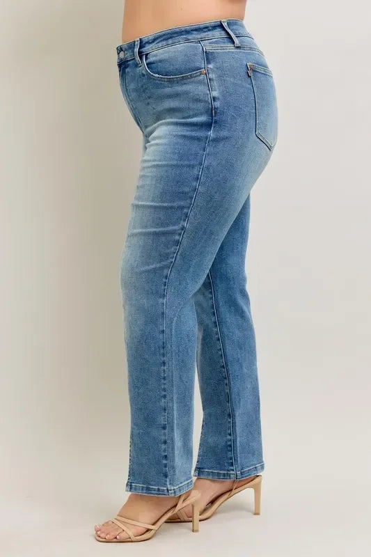 Plus Size High Waist Vintage Wash Straight Jeans Coastal Style
