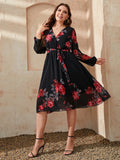 Plus Size Floral Surplice Neck Tie Waist Dress - Southern Shores Clothing