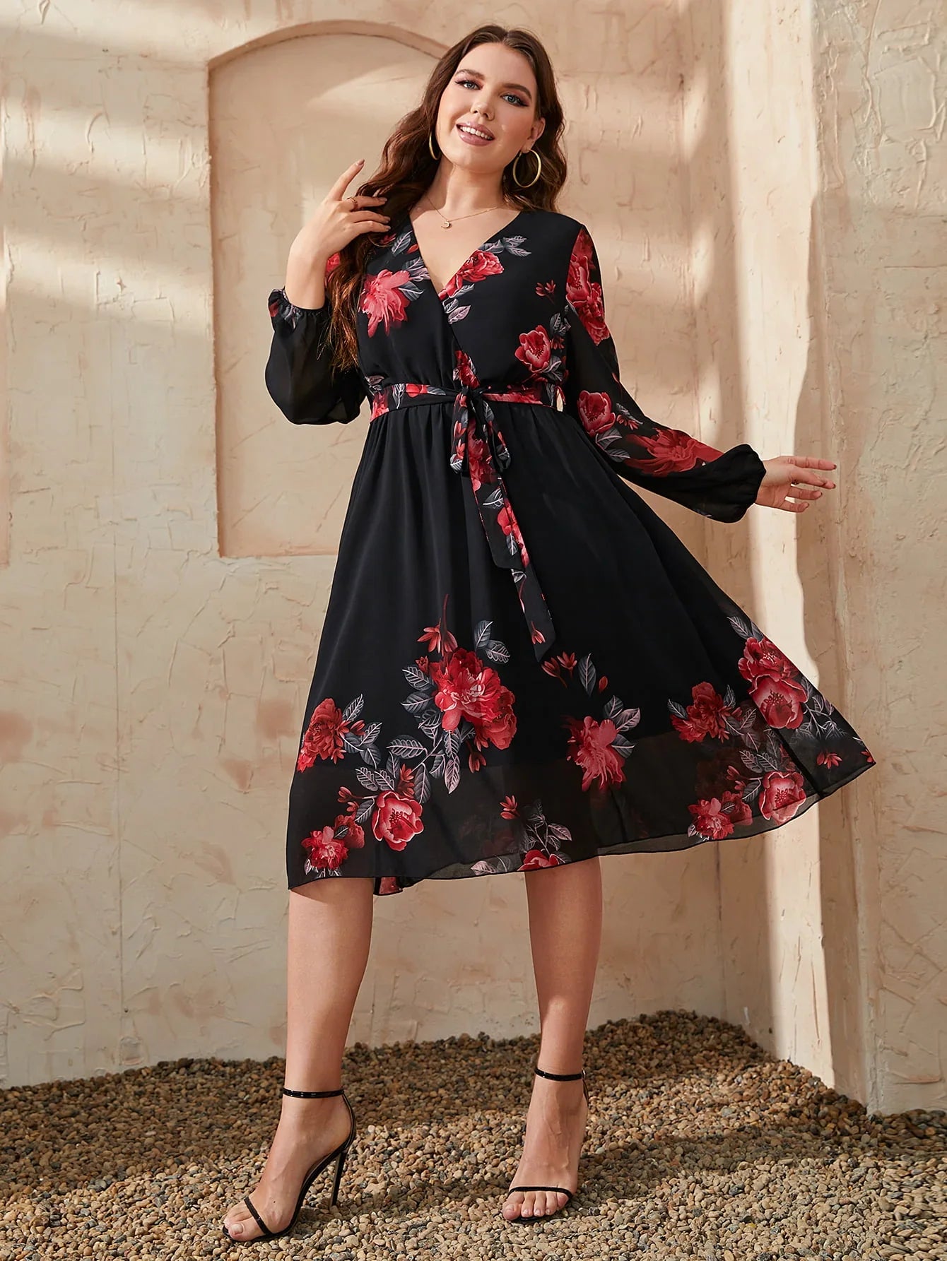 Plus Size Floral Surplice Neck Tie Waist Dress - Southern Shores Clothing
