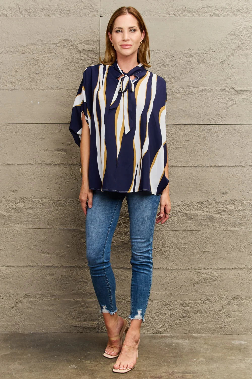 Casual Printed Tie-Neck Blouse With Split Sleeves Regular Length - Southern Shores Clothing