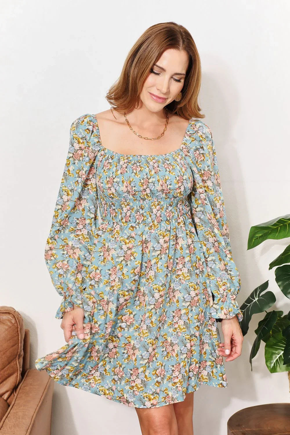 Floral Smocked Flounce Sleeve Square Neck Dress - Southern Shores Clothing
