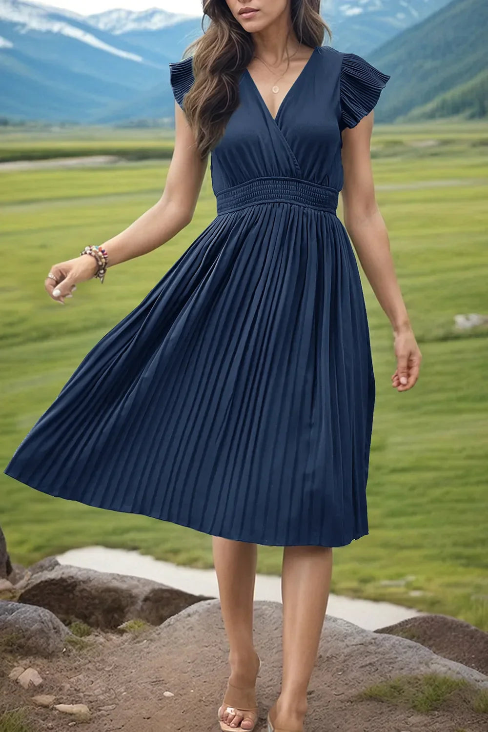 Perfee Tied Smocked Waist Flutter Sleeve Dress - Southern Shores Clothing