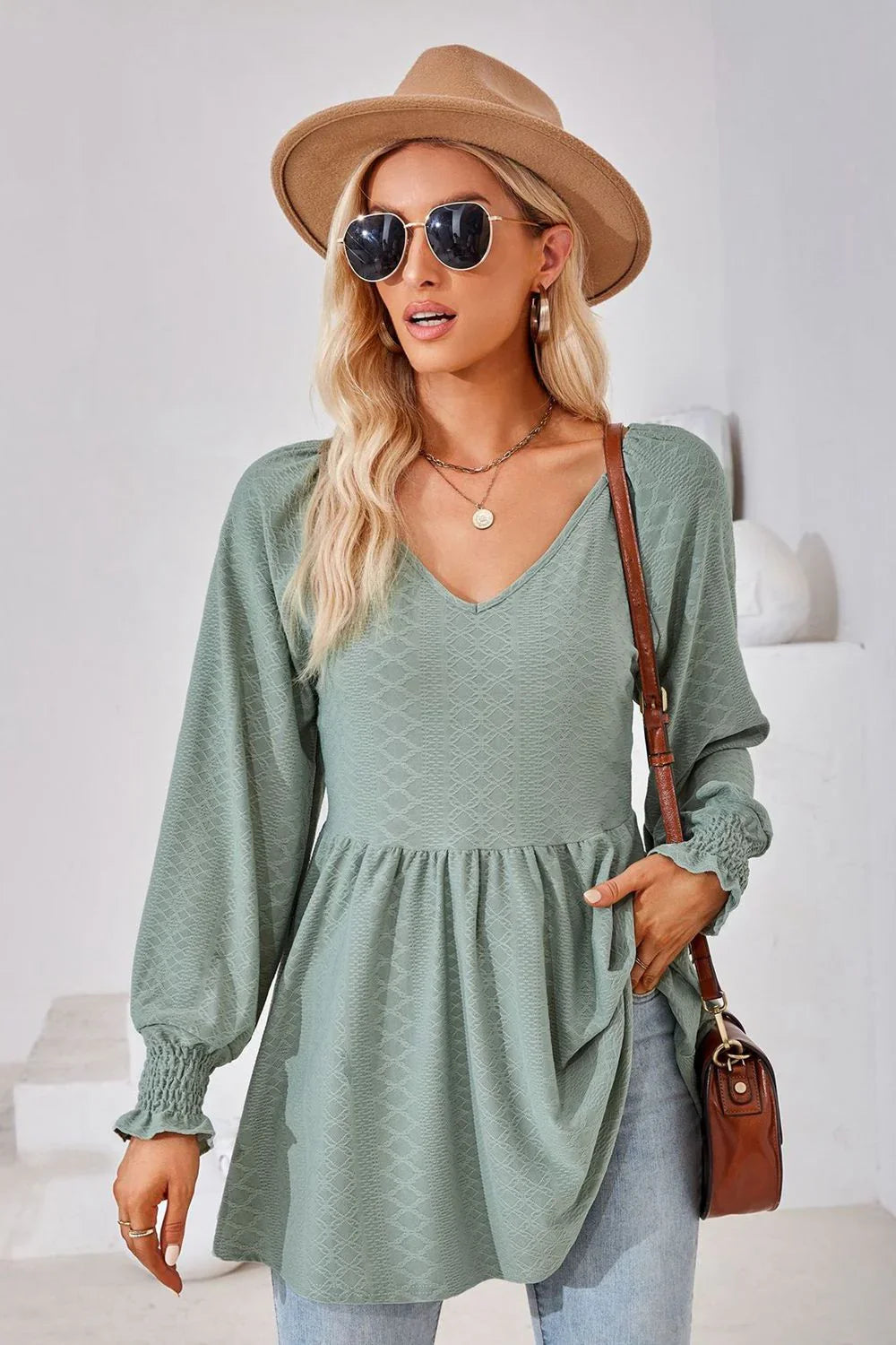 V-Neck Lantern Sleeve Blouse With Regular Length Casual Fit - Southern Shores Clothing