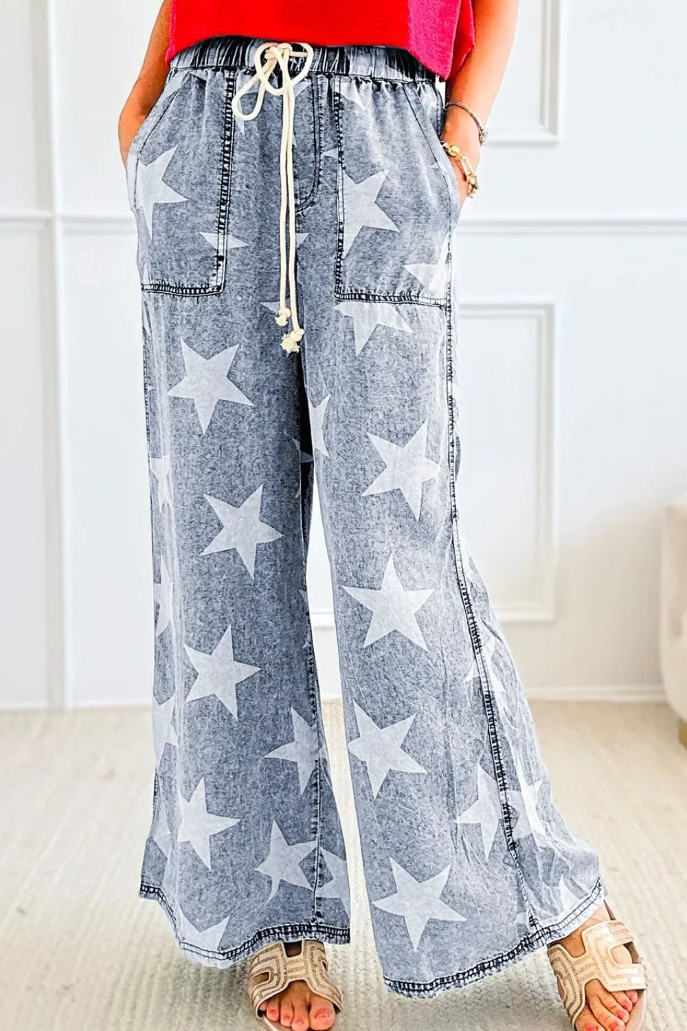 Beach Star Print Washed Drawstring High Waist Wide Leg Jeans - Southern Shores Clothing