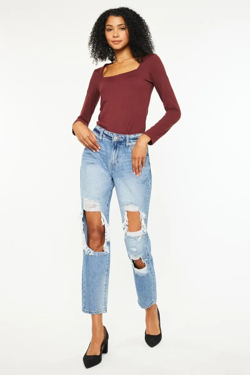 High Rise Distressed Boyfriend Jeans Stretch Denim - Southern Shores Clothing