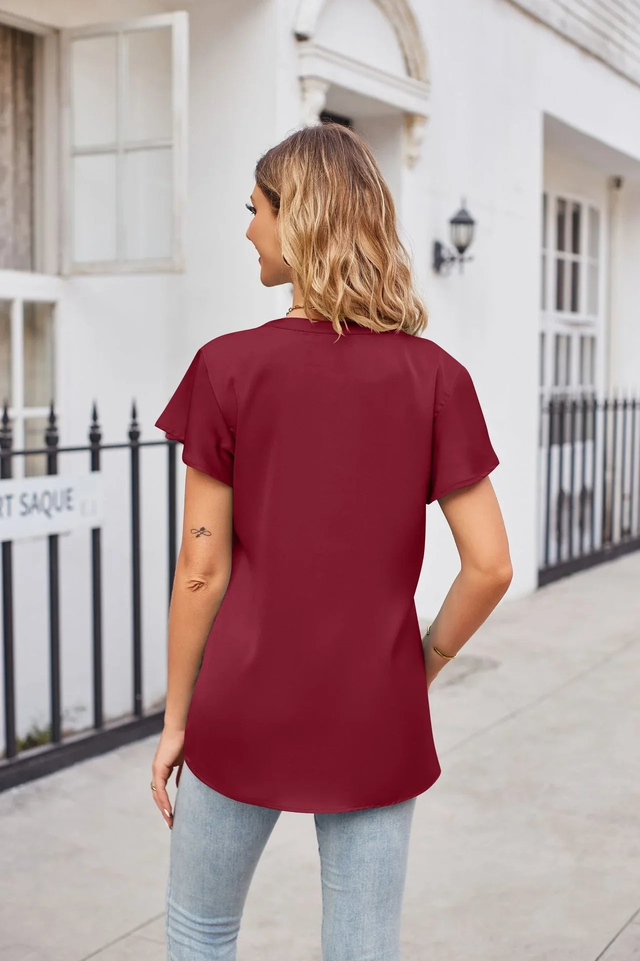 V Neck Flutter Sleeve Satin Top Solid Casual - Southern Shores Clothing