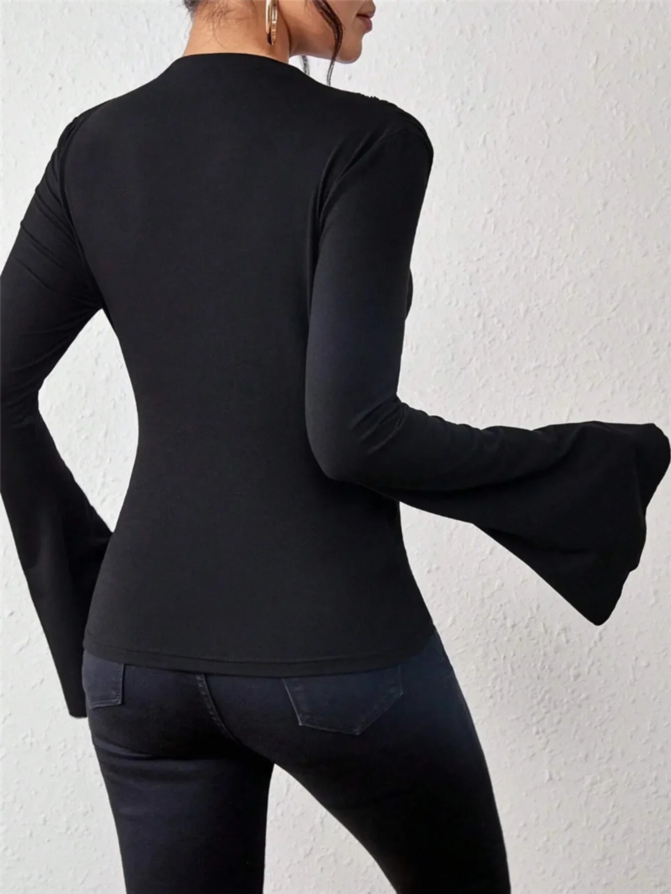 Bell Sleeve Ruched Fitted T-Shirt with Mock Neck - Southern Shores Clothing