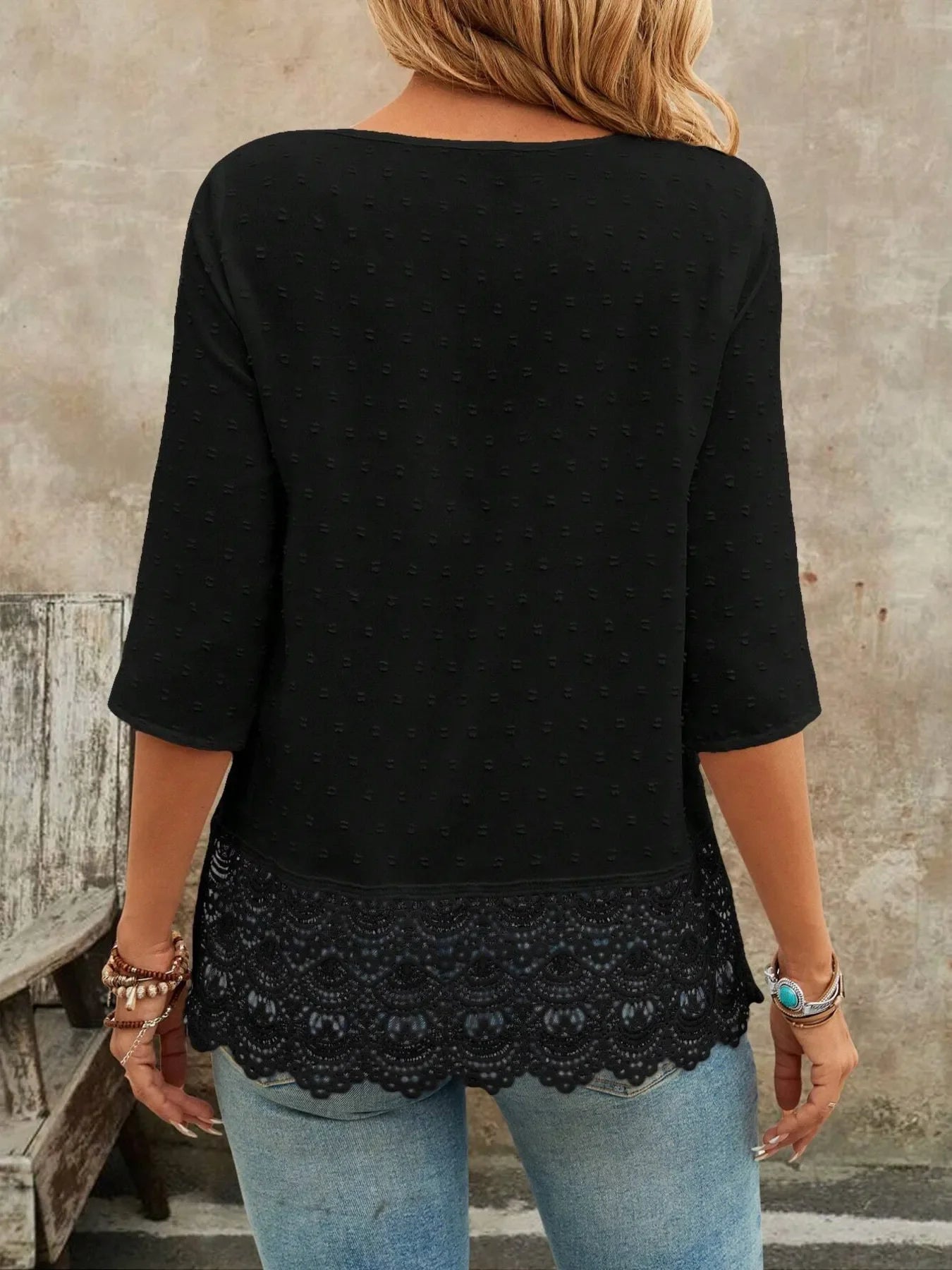 V-Neck Lace Hem Blouse With Decorative Button - Southern Shores Clothing