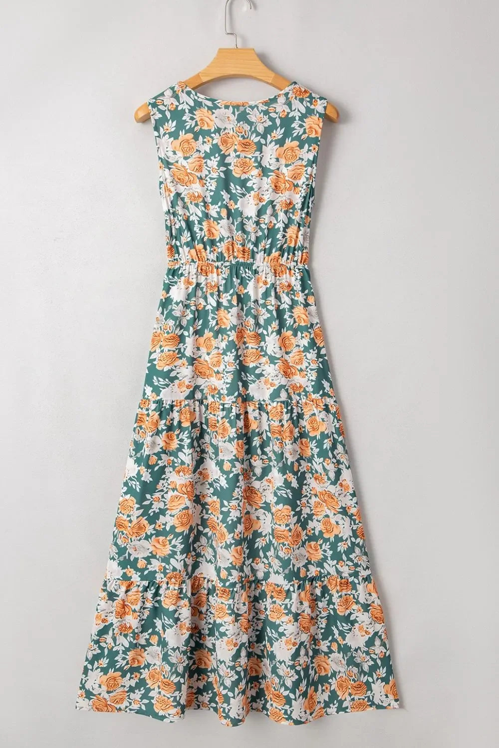 Floral Print Sleeveless V-Neck Dress With Tie Waist Tiered - Southern Shores Clothing