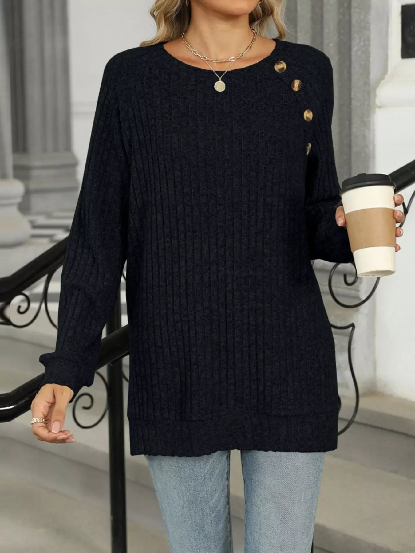 Round Neck Side Slit Ribbed Knit Top with Asymmetric Button Detail - Southern Shores Clothing