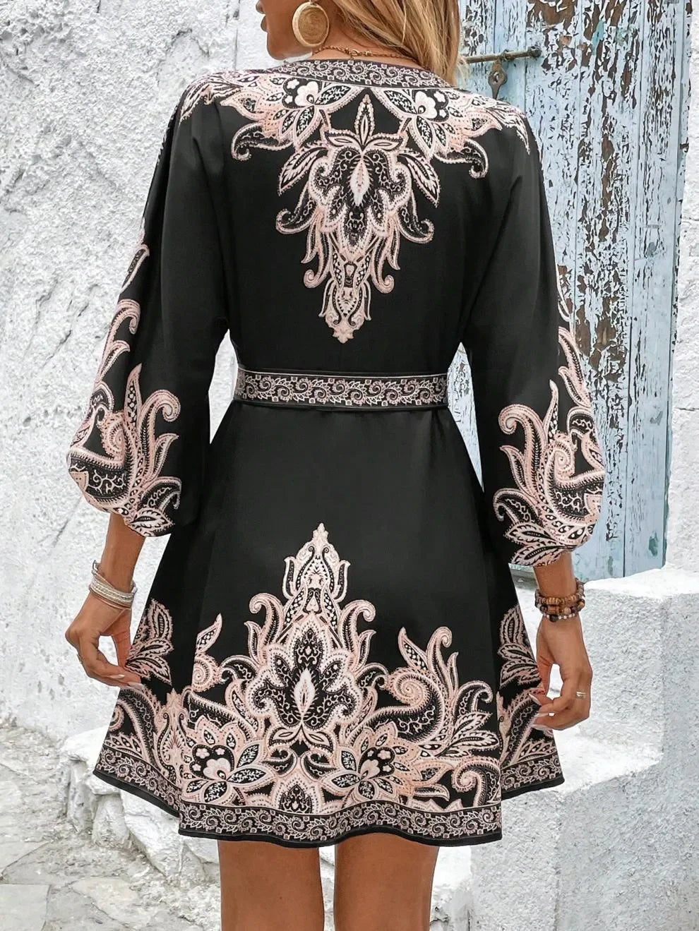Paisley Print V Neck Mini Dress Tie Belt Three Quarter Sleeve - Southern Shores Clothing