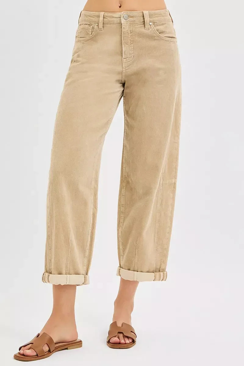 High Rise Crop Corduroy Pants With Barrel Cut - Southern Shores Clothing