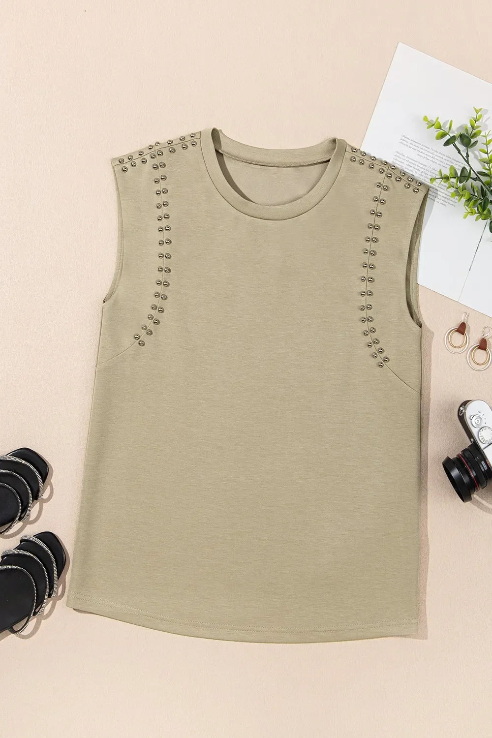Studded Cap Sleeve Round Neck Stretch T Shirt With Shine - Southern Shores Clothing