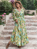 Printed Tie Neck Long Sleeve Maxi Dress Beach - Southern Shores Clothing