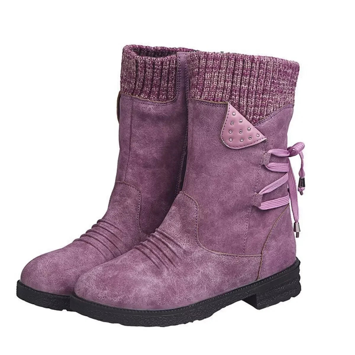 Knitted Cuff Round Toe Boots Suede Rubber Sole
