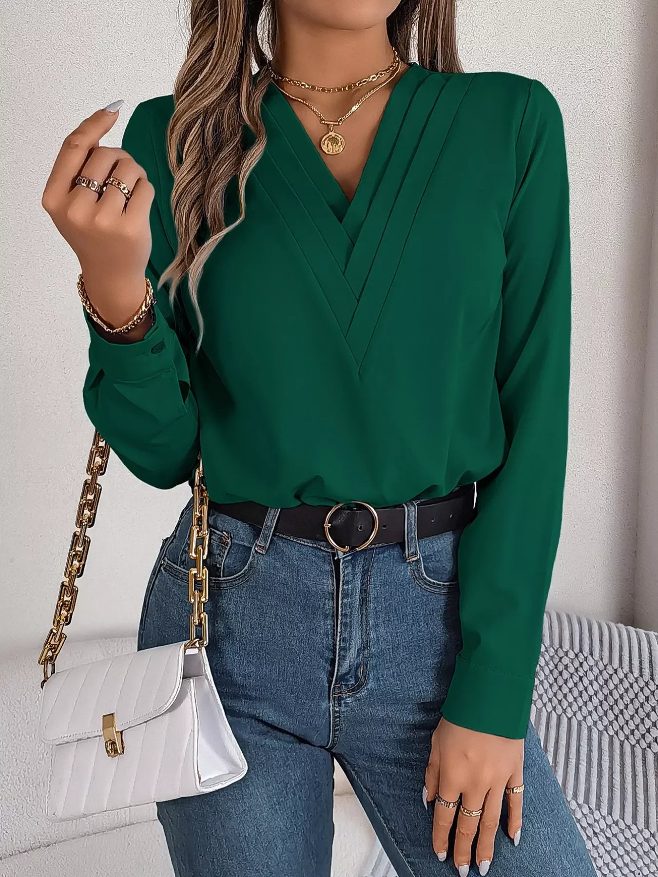 Layered V-Neck Long Sleeve Polyester Blouse - Southern Shores Clothing