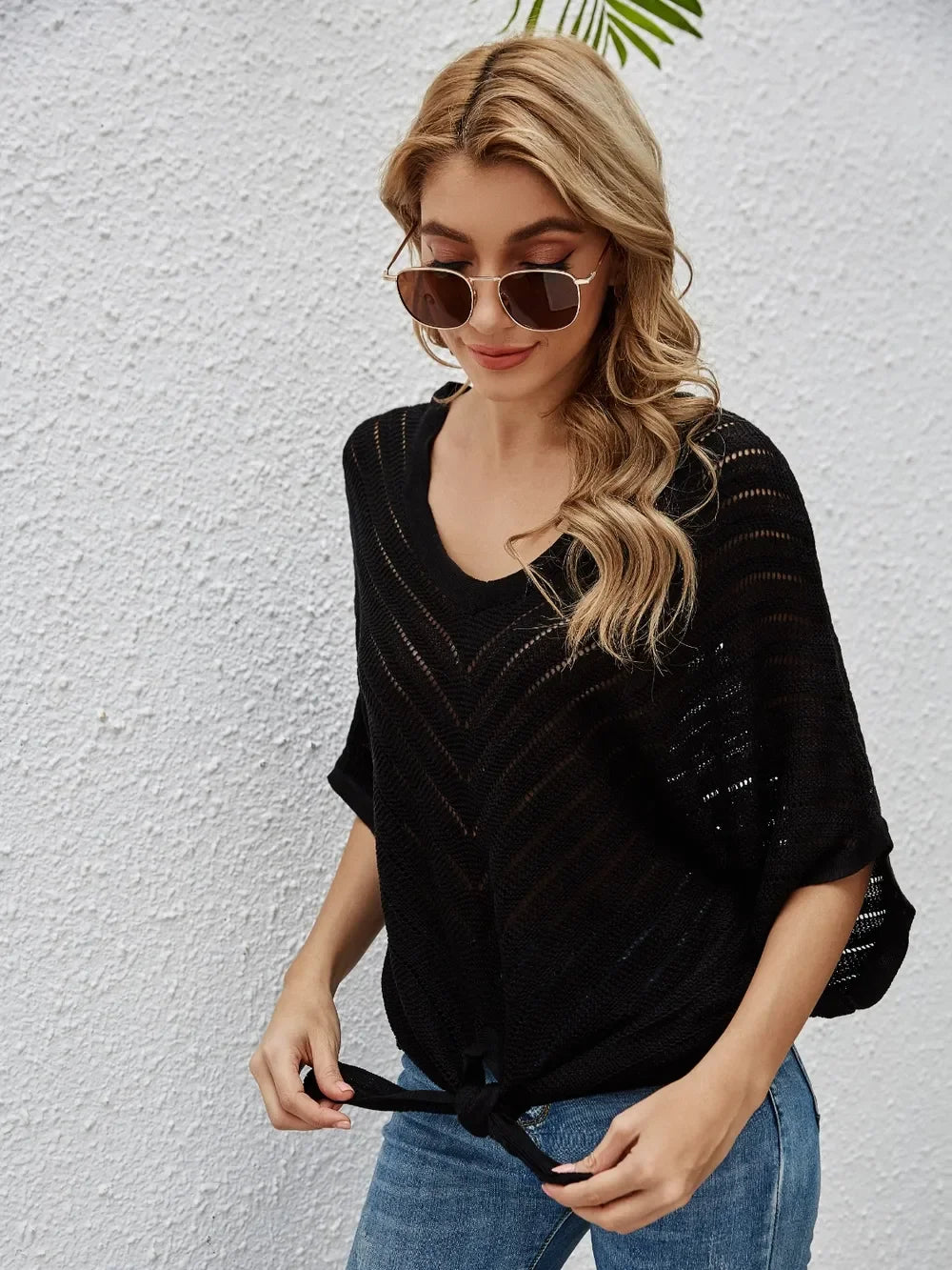 Openwork Batwing Sleeve Cover-Up Stretch Fabric - Southern Shores Clothing