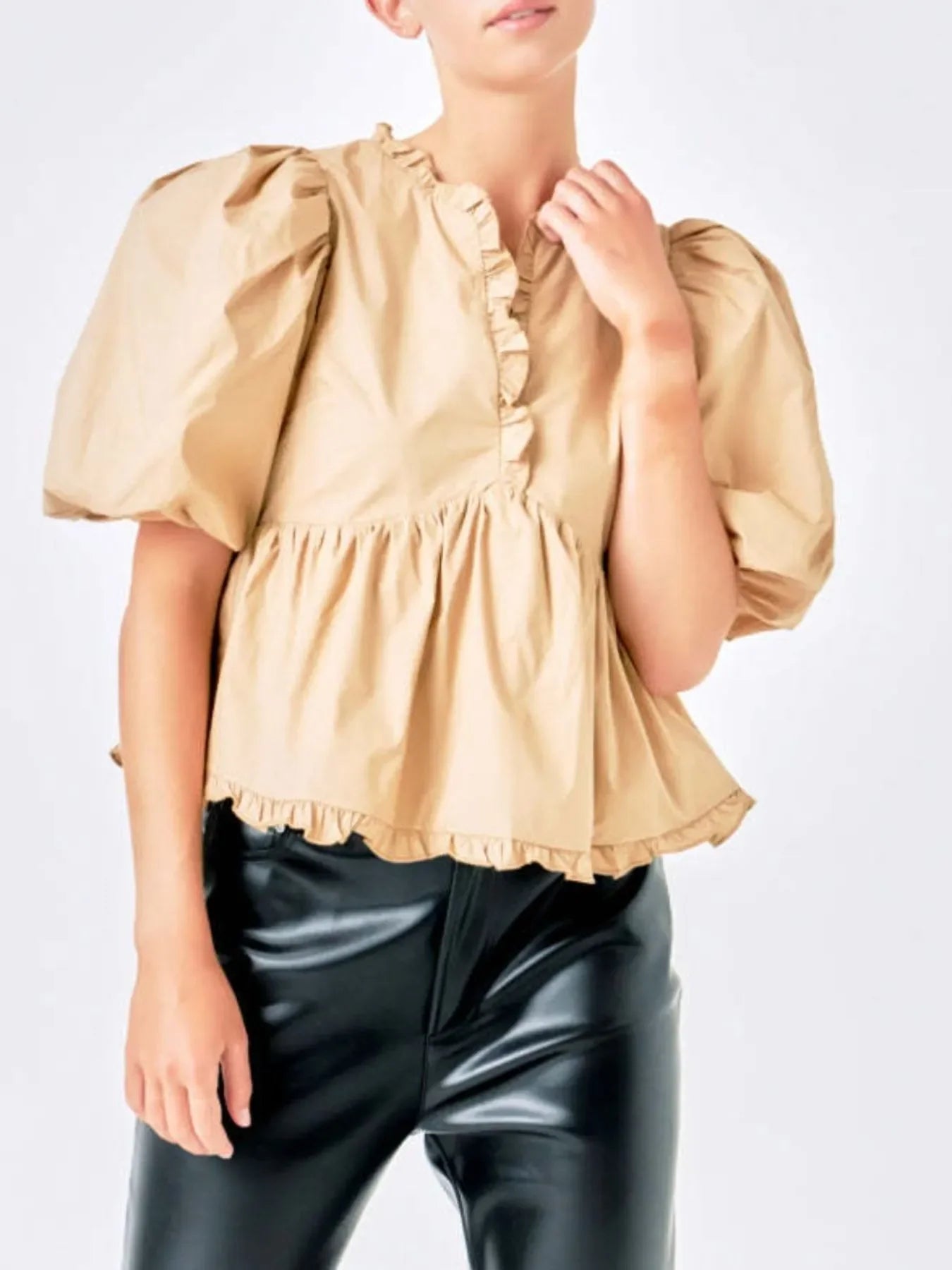 Stylish Southern Shores Clothing Puff Sleeve Peplum Blouse With Ruffles In 100% Polyester Fabric - Southern Shores Clothing