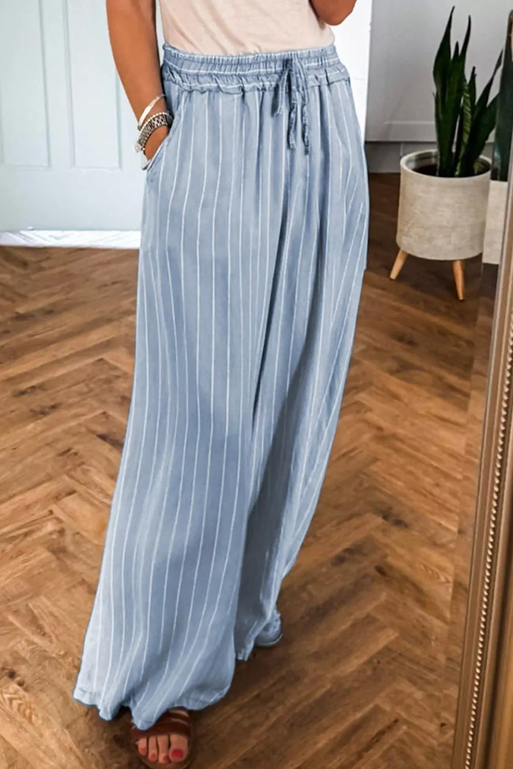 Coastal Inspired Striped Wide Leg Jeans with Drawstring