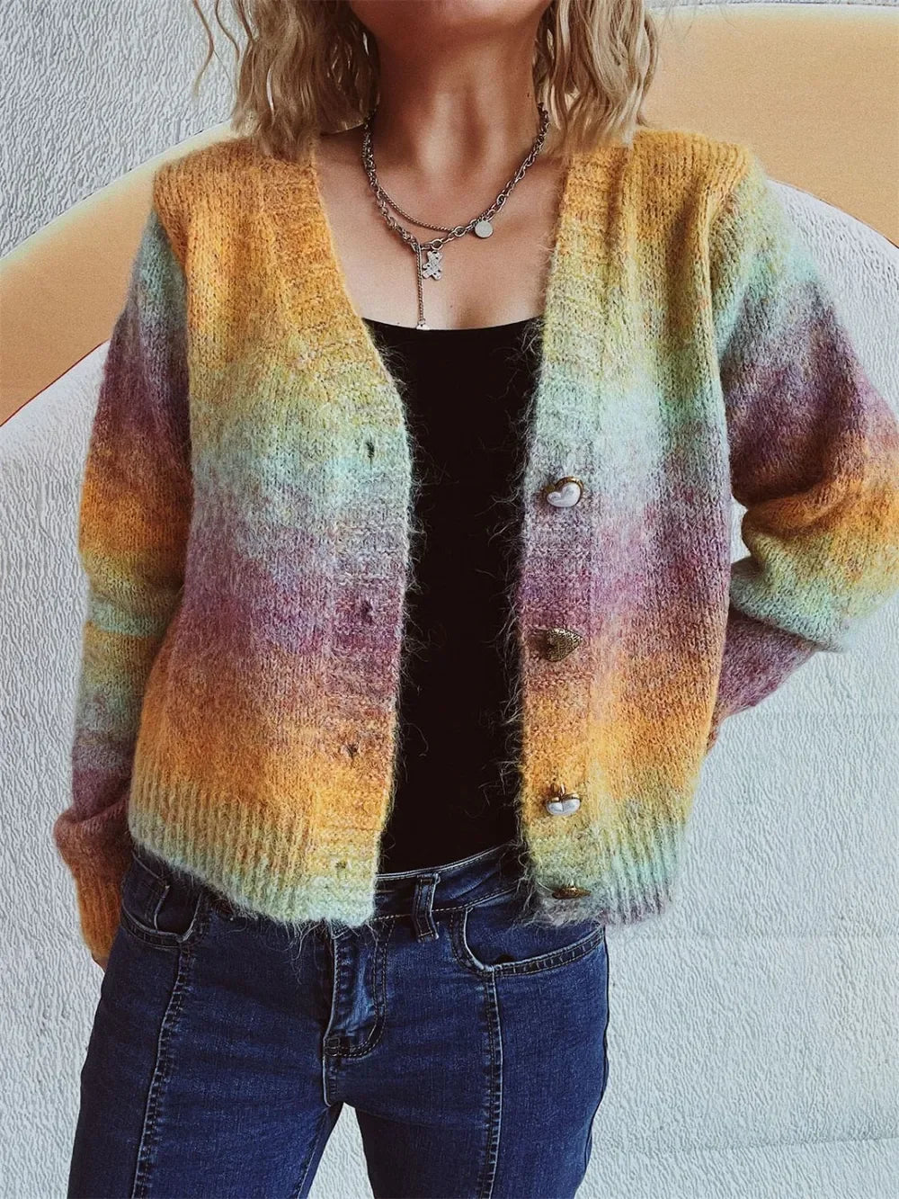 Heart Shape Button Front V-Neck Cardigan With Stretch - Southern Shores Clothing