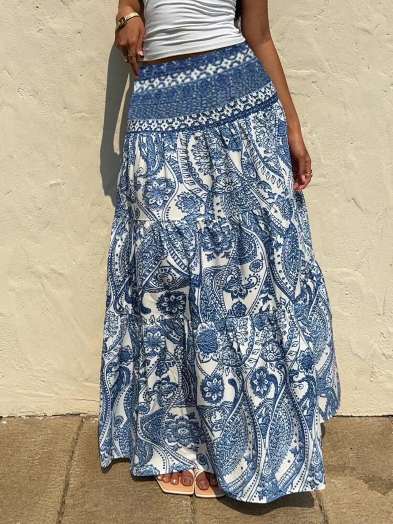 Smocked Printed Tiered Maxi Skirt Flowing Silhouette - Southern Shores Clothing