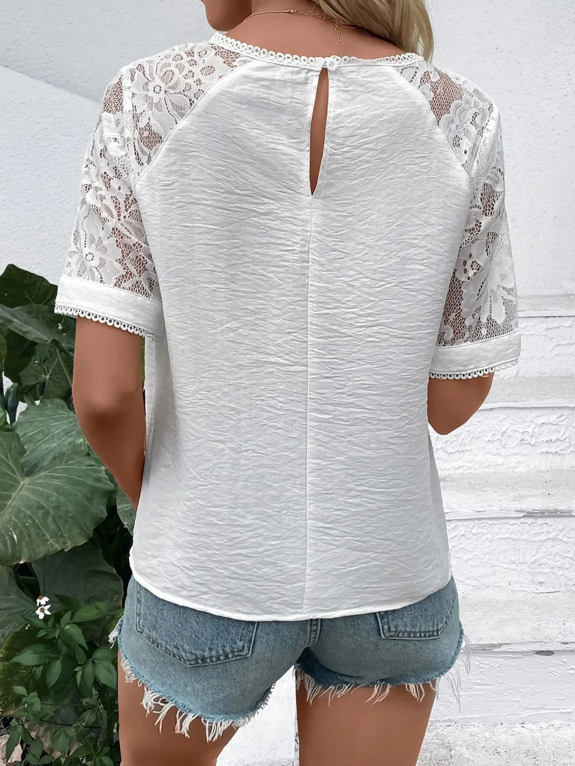 Lace Detail Round Neck Short Sleeve Buttoned Viscose Top - Southern Shores Clothing