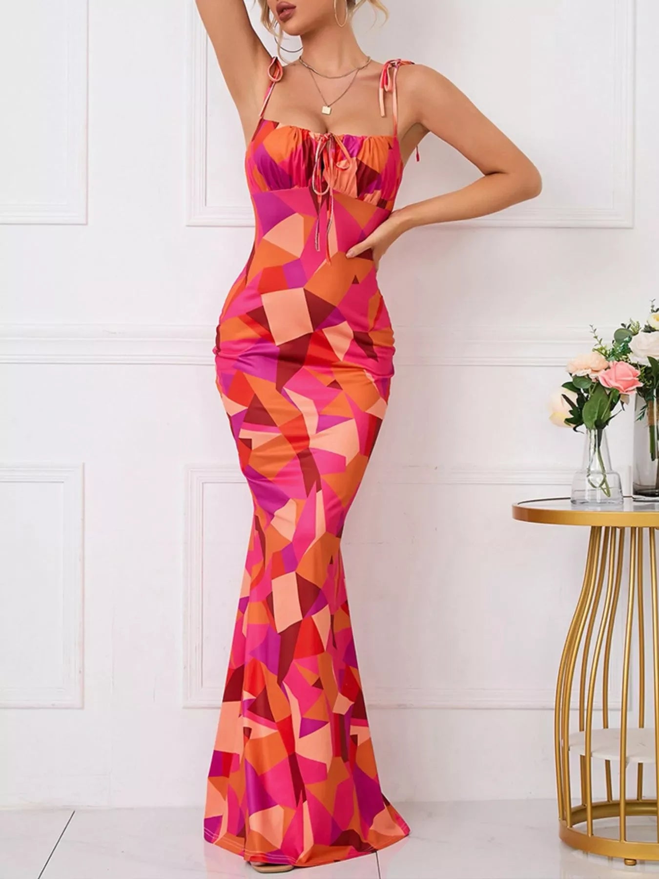 Floral Print Tie Strap Bodycon Maxi Dress - Southern Shores Clothing
